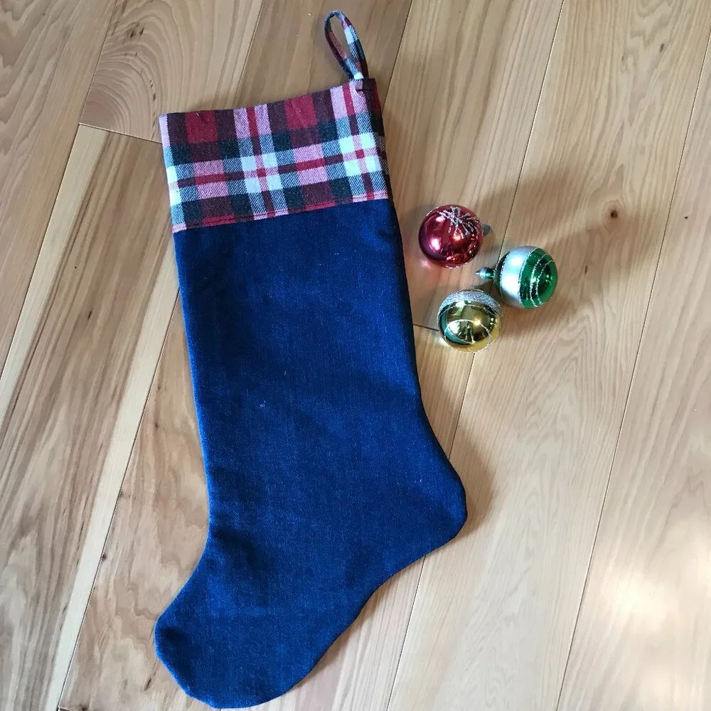 Handmade Denim Christmas Stocking, Mountains Cabin Decor Camping Fishing M-L
